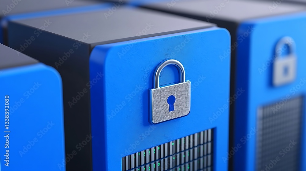 Poster secure database storage with blue lock symbol for data protection in modern technology environment