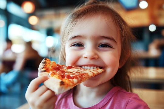 Little happy girl eating pizza in a pizzeria