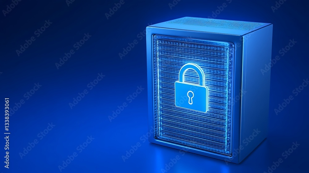 Poster secure digital storage box with lock symbol in blue glowing background for data protection and secur