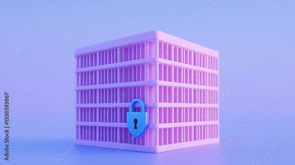 Poster secure digital storage box with lock on soft purple background for data protection concept