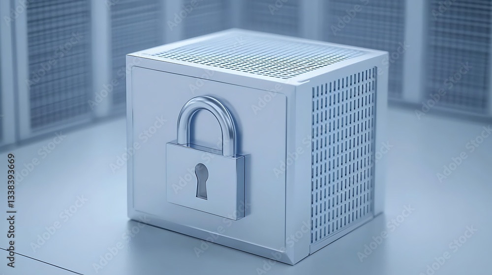 Poster secure metal storage box with padlock in a digital data center environment illustrating data protect