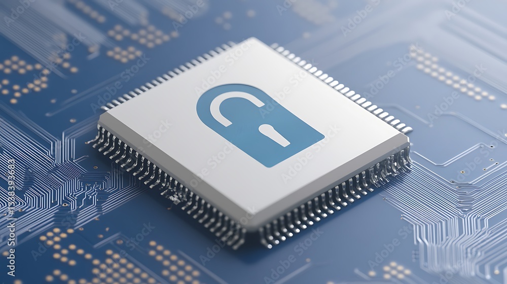 Poster secure microchip with unlock icon on circuit board in technology conceptual illustration