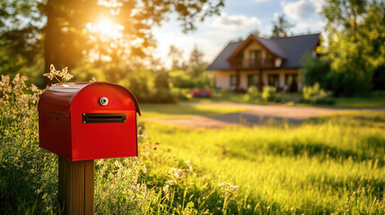 Bright red mailbox in front of a detached house garden on a sunny summer day.