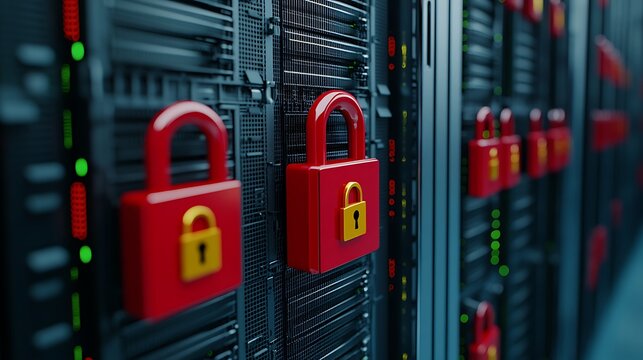 Secure server room with red padlocks indicating protection of valuable digital data and sensitive information