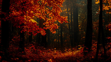 Autumn forest scene with vibrant foliage and sunlight streaming through trees for nature photography