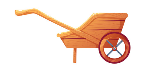 Vector illustration of a wooden wheelbarrow with a rustic design. Farm cart isolated on white background. The cart features a curved handle, a single large wheel with metal spokes, and a wooden