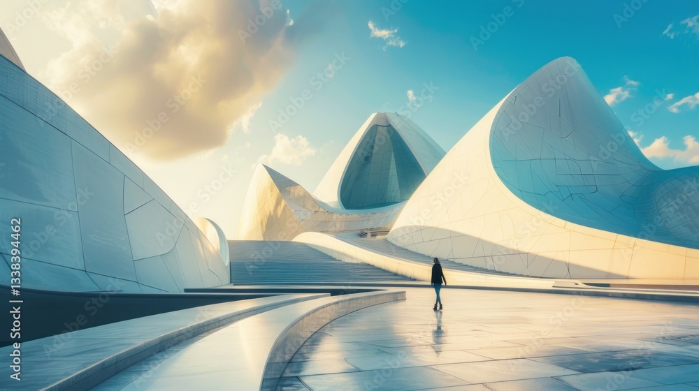 Aufkleber futuristic architecture with pointed rooftops and sharp lines.