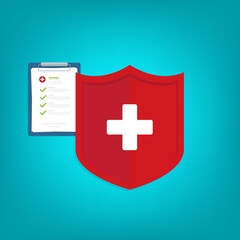 Medical healthcare insurance. Red shield on patient protection policy. Medicine symbol. 