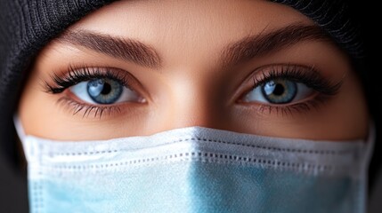Close-up of blue-eyed person wearing a protective medical mask.