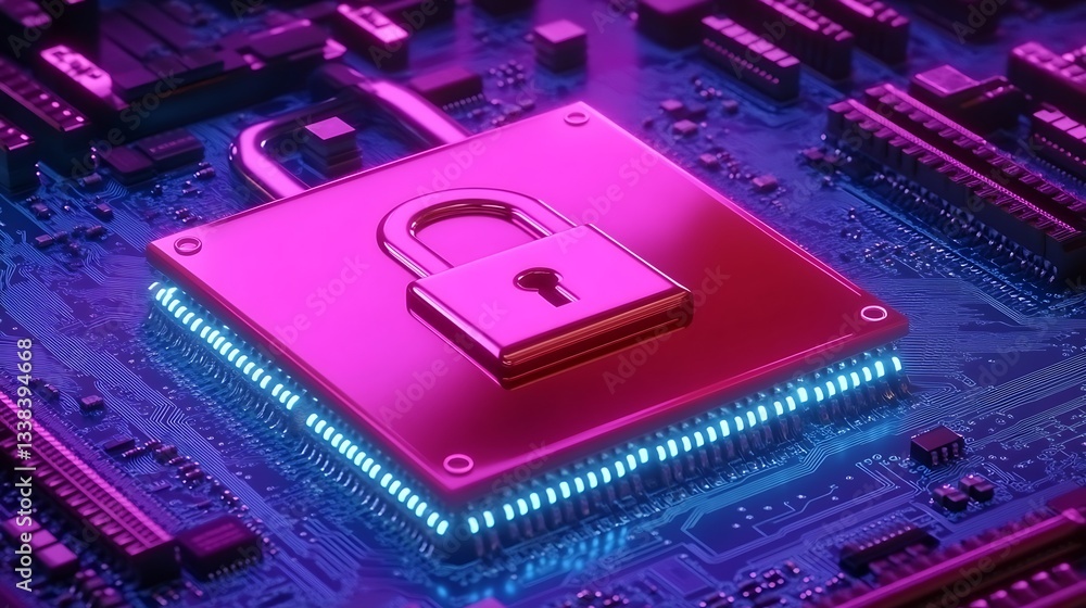 Aufkleber secure technology concept with padlock on circuit board featuring neon colors and digital elements
