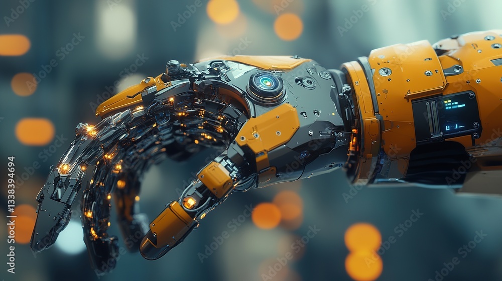 Poster a futuristic autonomous robotic arm performing precision assembly.