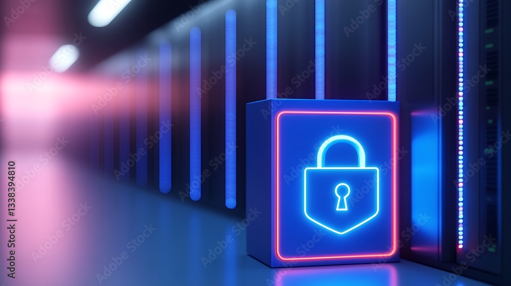 Poster security concept with neon lock icon and server hallway background for data protection and cybersecu