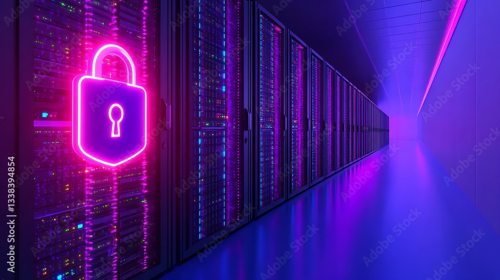 Poster security concept with neon lock symbol and server racks in a modern data center environment