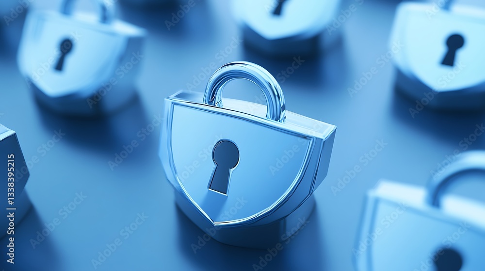 Poster shiny silver padlocks arranged on a surface representing security and protection against unauthorize