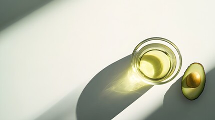 Avocado oil in a glass bowl with avocado half