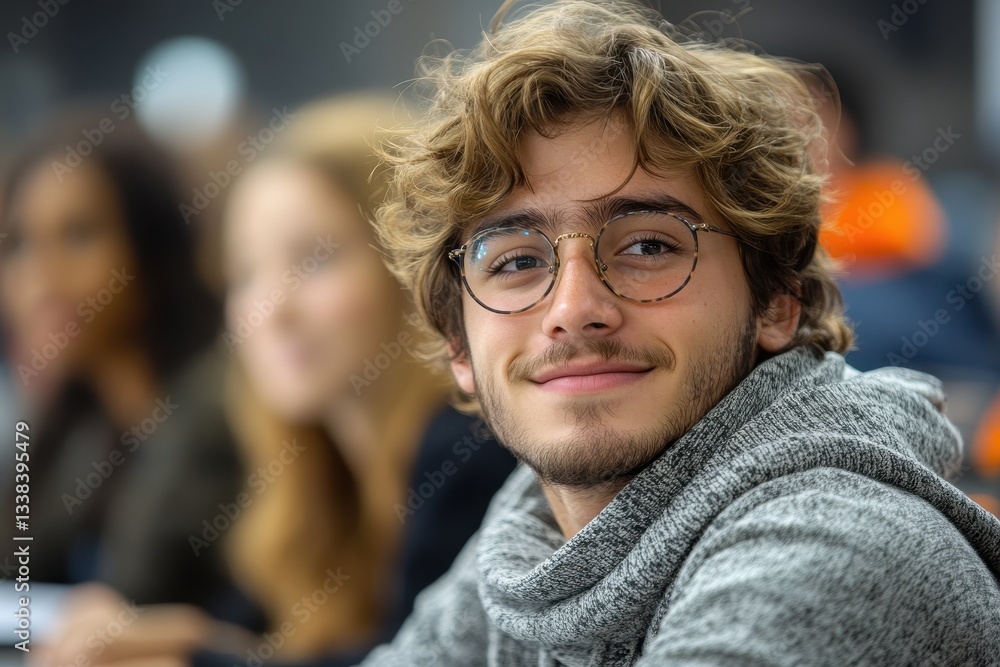 Poster student smiles during a classroom discussion at a university lecture hall in the late afternoon