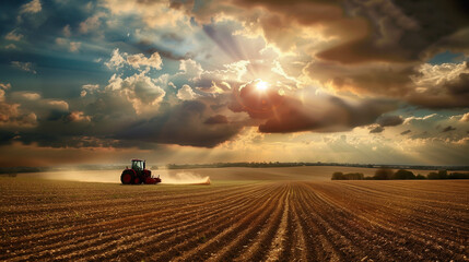 Naklejka premium Red tractor plowing vast farmland under a dramatic sky with sunbeams breaking through clouds