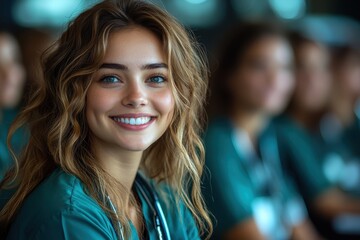 Obraz premium Smiling young woman in casual attire engages with friends during a lively gathering, creating a warm and inviting atmosphere