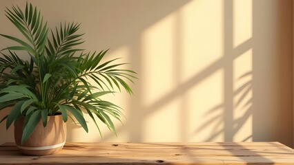 Fototapeta premium Natural Elements Rustic Wooden Table in Light and Airy Studio Setting with Tropical Plant