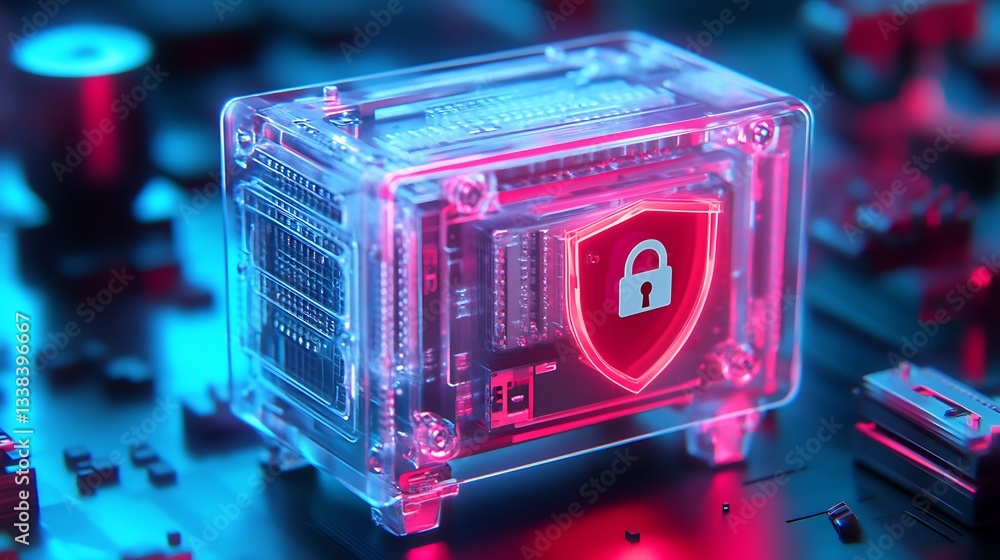 Poster transparent data storage device with digital lock symbol on a futuristic circuit board background