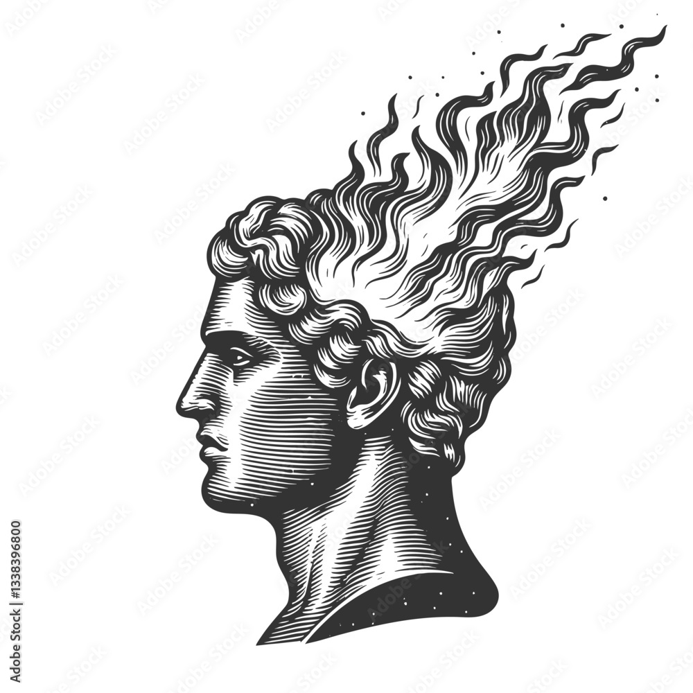 Poster man in a suit with flames emerging from his head, symbolizing intense creativity and ideas sketch en