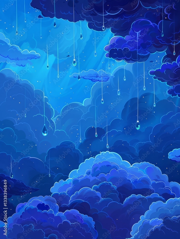 Poster tiny raindrops in a vibrant blue fall from some of the clouds, adding a touch of movement