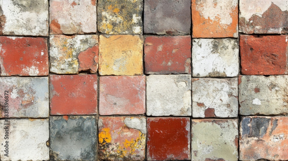 Poster a wall of distressed multicolored square tiles
