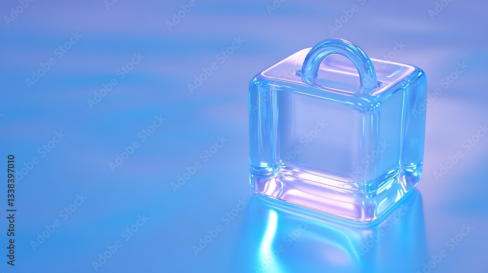 Poster transparent glass block with handle illuminated by soft blue light on a smooth reflective surface