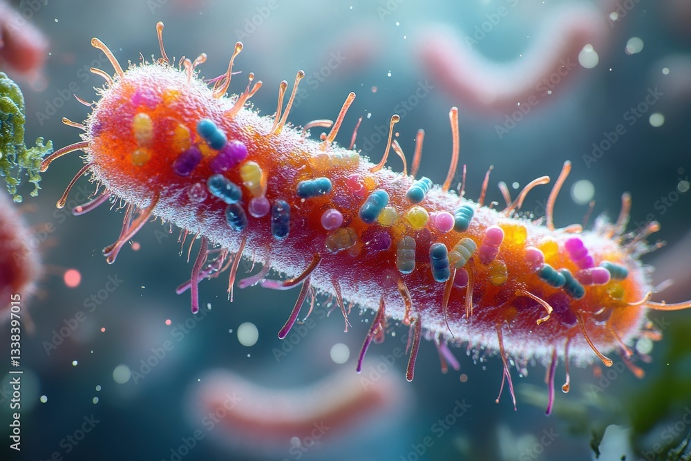 Poster vibrant close-up of a bacteria showcasing colorful structures and unique features under a microscope