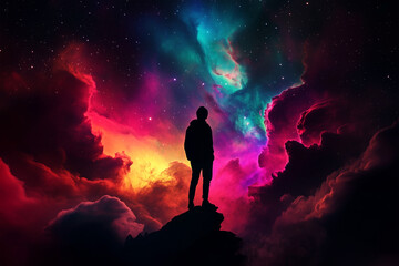 Majestic silhouette against a vibrant cosmic background under starry twilight