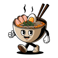Retro cartoon character of a bowl of ramen walking cheerfully with chopsticks and toppings