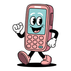 Retro cartoon character of a happy phone walking playfully with a smile in a vibrant style