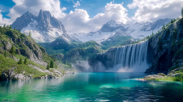 Beautiful mountain landscape with waterfall and turquoise lake for nature travel adventure scenic views