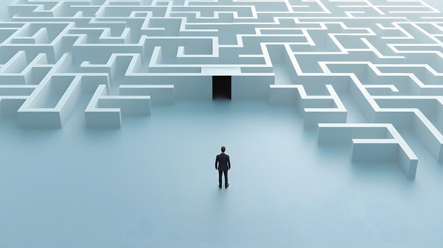 A businessman in a suit stands at the entrance of a massive intricate maze symbolizing the complex challenges and strategic decision making required to navigate the competitive business landscape