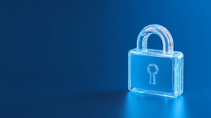 Transparent padlock on blue background representing security, protection, and confidentiality in digital world