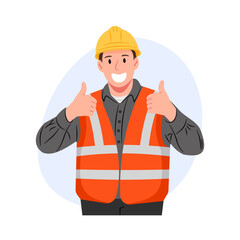 A vector illustration of an industrial engineer, a construction worker, giving a thumbs-up with both hands, symbolizing approval and success.