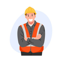 A vector illustration of an industrial engineer, a construction worker, wearing a yellow safety helmet, standing with arms crossed and smiling, symbolizing confidence and satisfaction.
