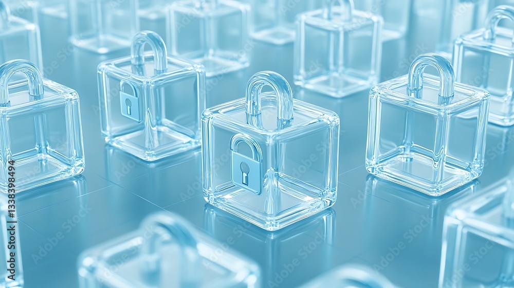 Aufkleber transparent security locks arranged on a reflective surface in a digital encryption concept image
