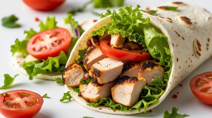 Delicious chicken wrap, fresh lettuce, juicy tomatoes, grilled chicken pieces, soft flour tortilla, vibrant colors, appetizing food photography, crisp vegetables, savory meal, healthy fast food