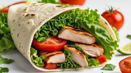 Delicious chicken wrap, fresh lettuce, juicy tomatoes, grilled chicken pieces, soft flour tortilla, vibrant colors, appetizing food photography, crisp vegetables, savory meal, healthy fast food