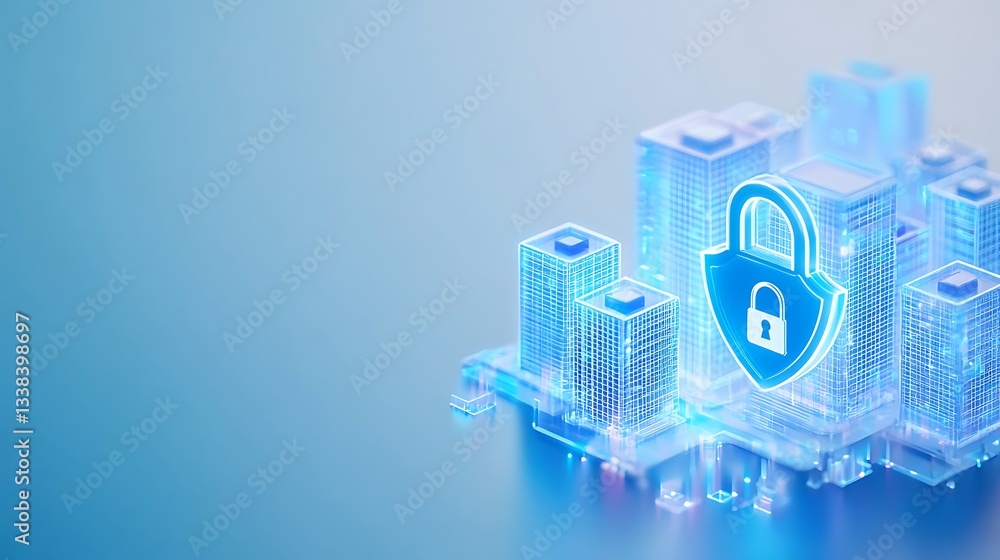 Aufkleber urban skyline with futuristic digital lock security concept and transparent building structures in b