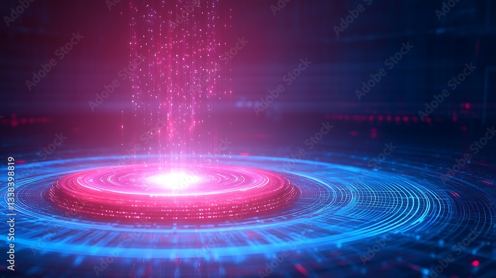 Poster vibrant abstract digital background with dynamic particles and light rays in blue and pink color pal