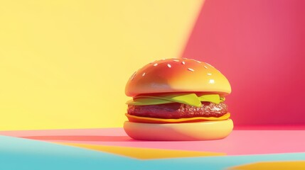 Colorful Burger on Vibrant Background with Playful Geometry Elements