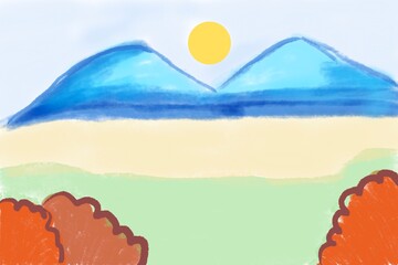 Children draw pictures of the sea, mountains, and the sun with chalk and crayons