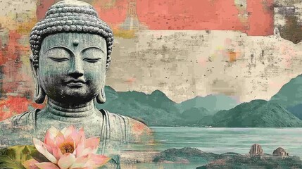 A buddha statue overlooks a tranquil mountain and lake scenery