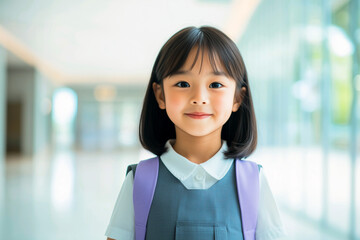Little happy Asian girl with purple backpack standing in an empty school hallway