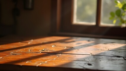 Rustic Charm Sunlit Wooden Table Photography in Mahogany Setting