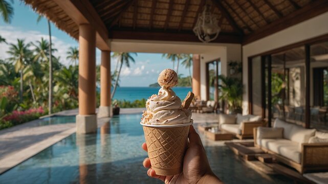 cheerful person holding a craft pint ice cream cup in a luxurious tropical villa. The villa should have a modern and stylish interior with large windows and lush greenery visible outside
