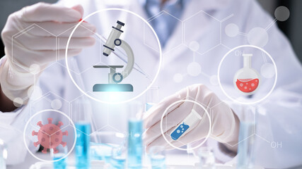 Close-up scientist drop pipette blue liquid test tube science research biology chemistry chemical...