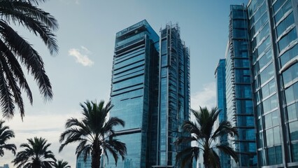 Fototapeta premium three Skyscrapers, Front view, for landing page design, with glass facade, blue color tone, modern, about 20 floors, skyscrapers side by side, with palm trees at the bottom of the building
